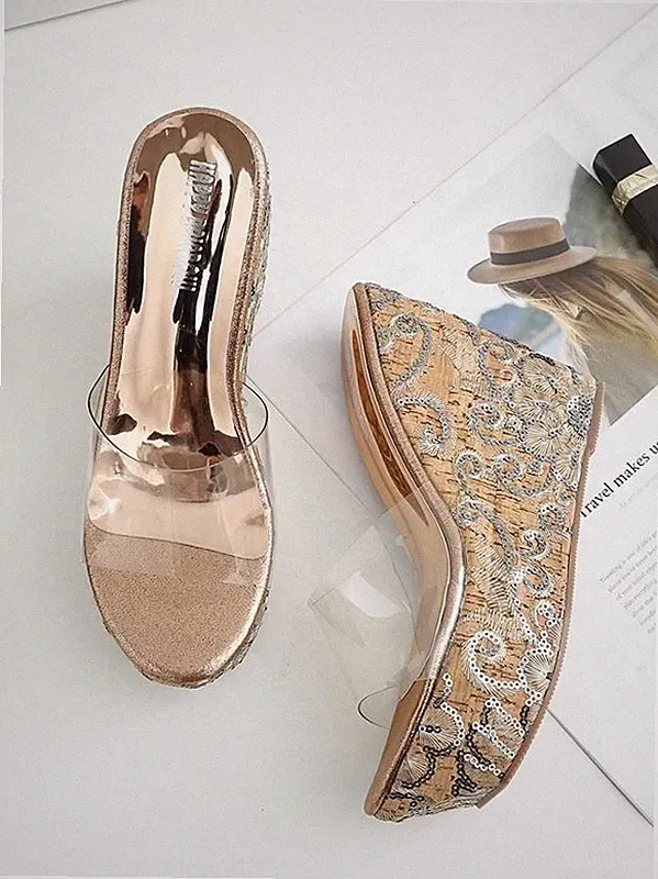 12 cm hohe Keilabsatz Slipper Sabot Gold transparent elegant Kunstleder 9506