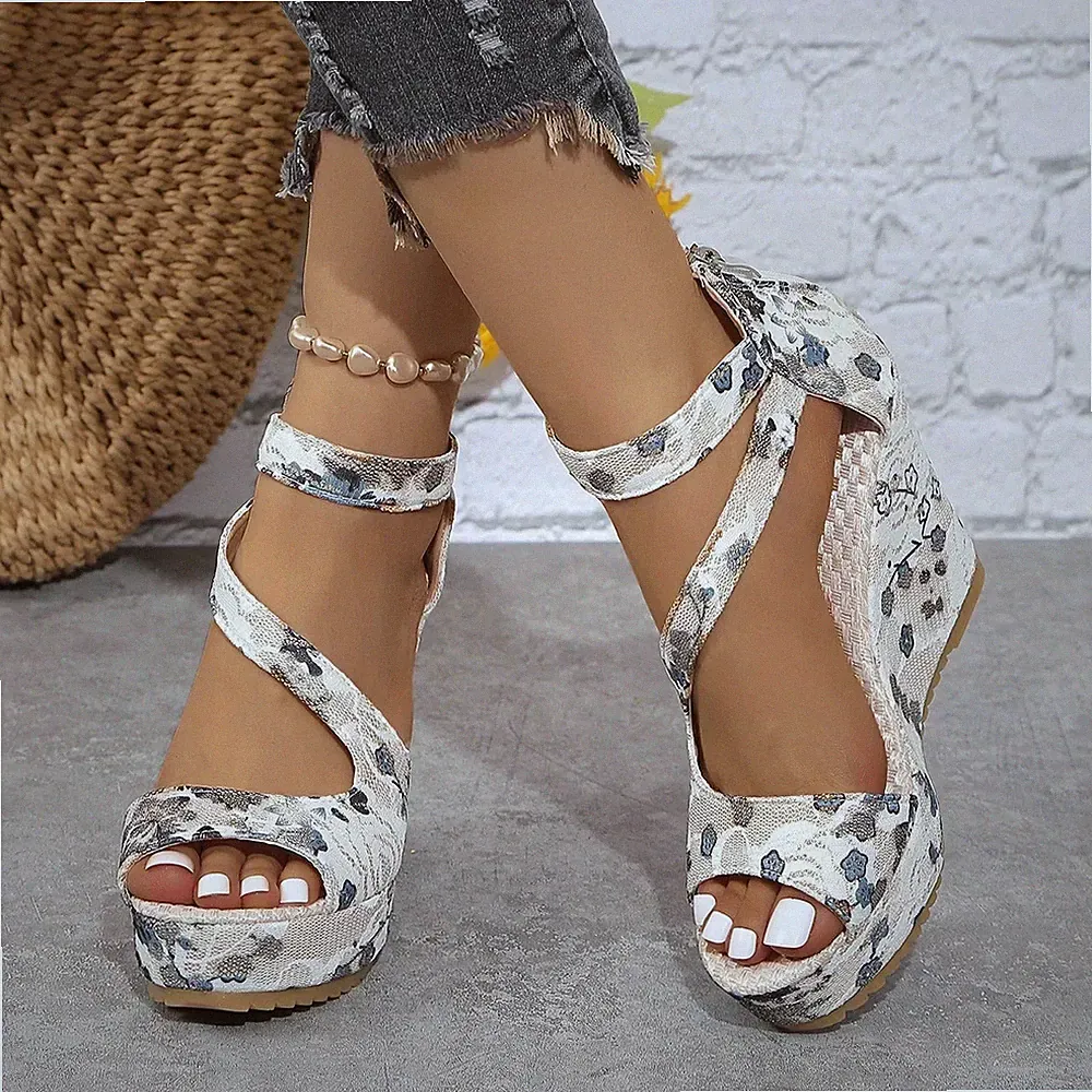 2024 modische Damen-Sandalen – bedruckter Reißverschluss hinten Plateau-Keilabsatz für Damen