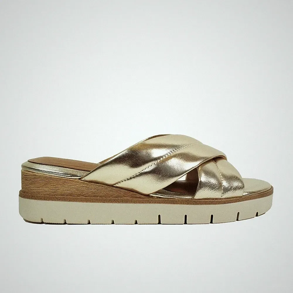 27233 44 933 | Women's Gold Cross-Strap Wedge Sandals | Stylish Platform Slides