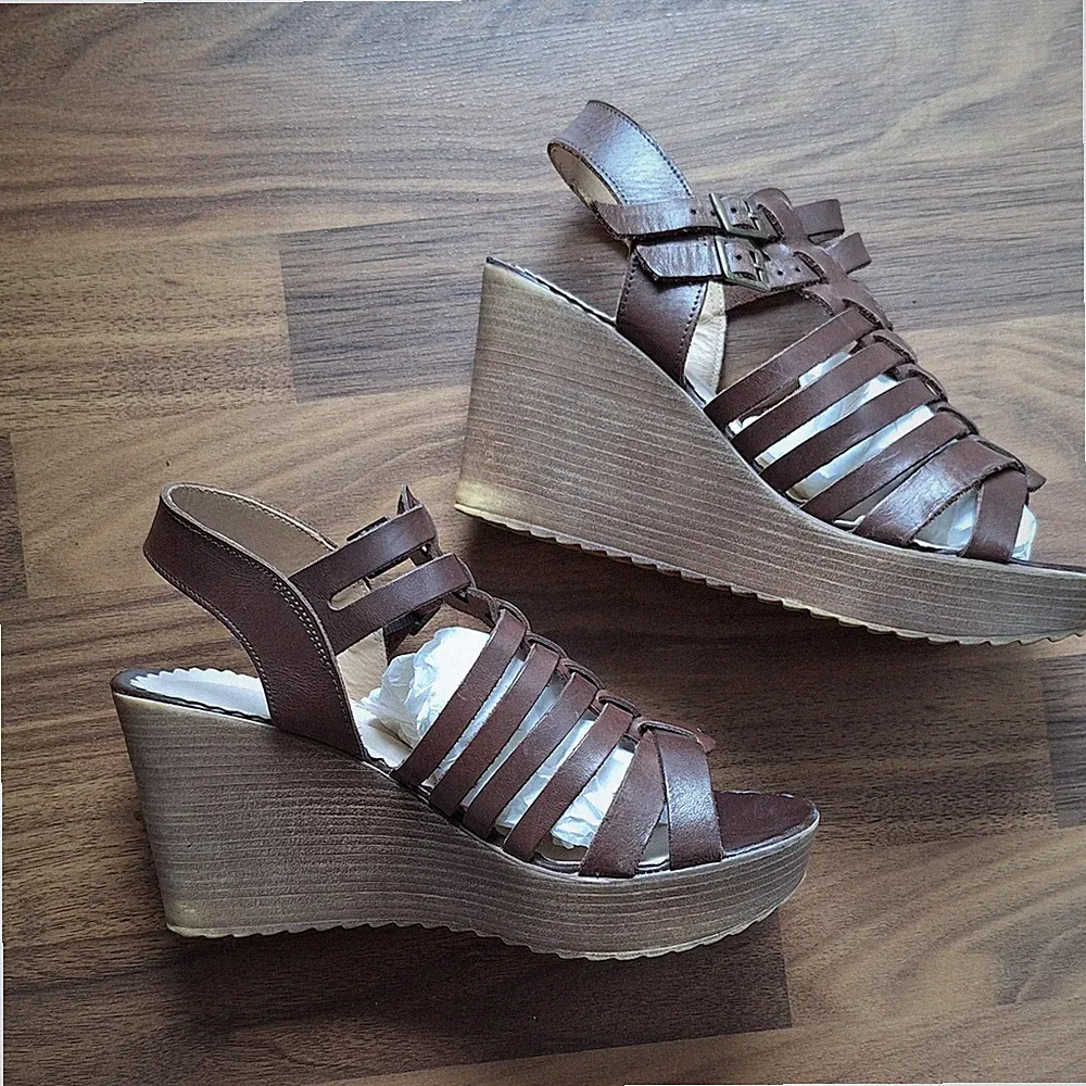 5th Avenue Plateau Römer Gladiator Sandaletten Schaftsandalen Gr39 Braun Leder
