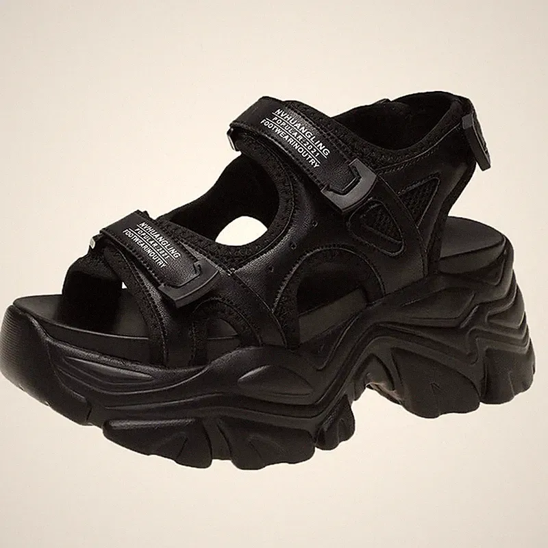 8 cm Damen Plateau Sandalen - klobige Freizeit Sommer Schuhe in Beige und Schwarz