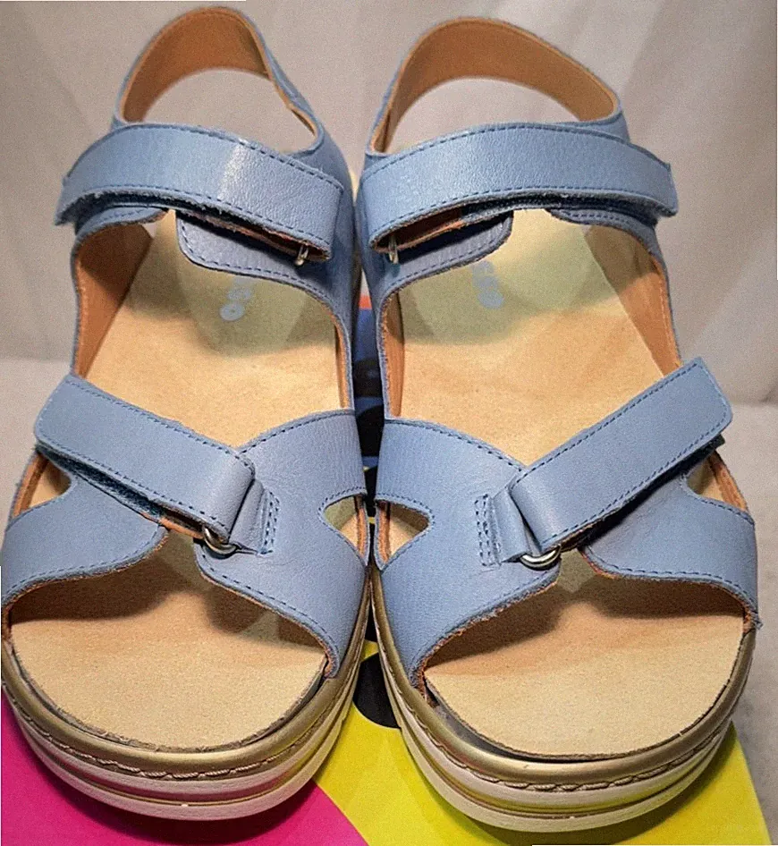 Adesso Leder Sandalen UK 7 / 40 Duck Egg blau Plateau Keilabsatz Riptape Riemen