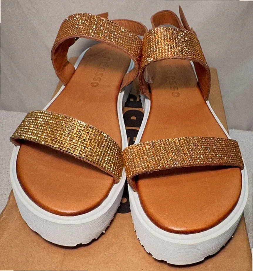 Adesso Riemchen Sandalen UK 4 / EU 37 Zara Gold Glitzer Plateau Absatz Schnalle