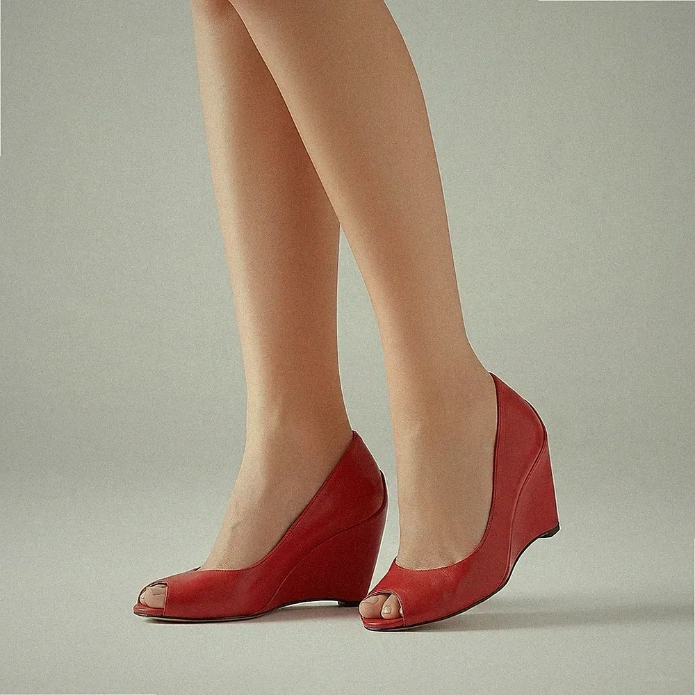 AE Élégance Paris Keilpumps 39 Echtleder Rot Peeptoe elegant sehr guter Zustand