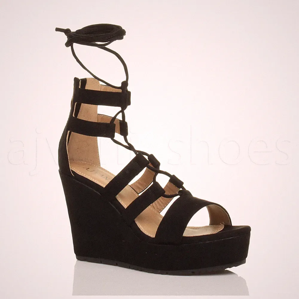 AJVANI HOHER KEILABSATZ GHILLIE SCHNÜR REISSVERSCHLUSS GLADIATOR KÄFIG SANDALEN GRÖSSE 3 36