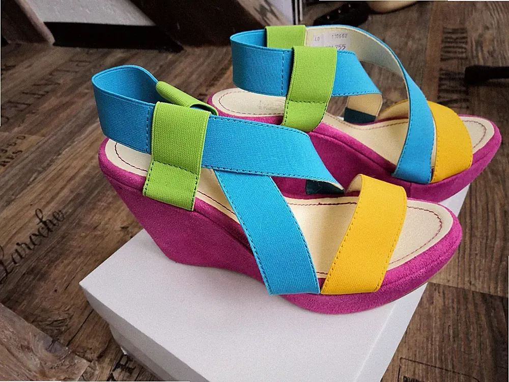 ALBA MODA Damen Keilsandalette Gr 38, pinker Absatz mit blau/grün/orange, neu