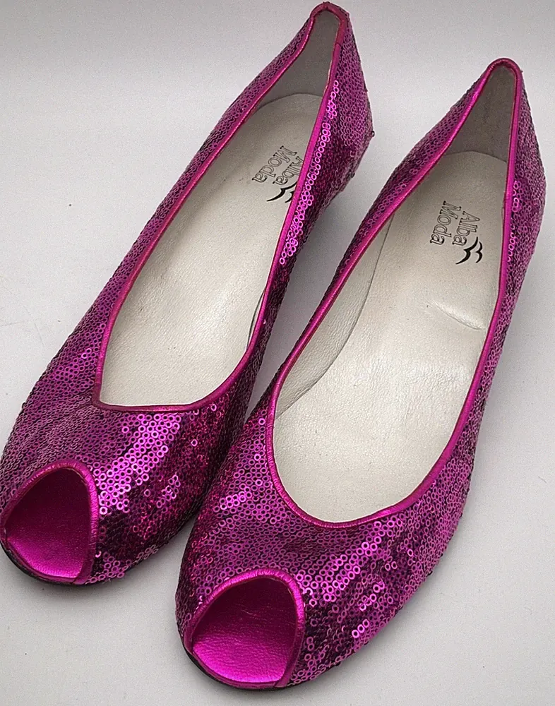Alba Moda Pumps Gr. 37 Pink Pailletten Peep-Toe Keilabsatz