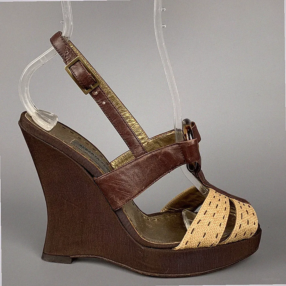 ALBERTA FERRETTI Größe 6.5 Brown & Beige Seide Leder Keilabsatz Sandalen