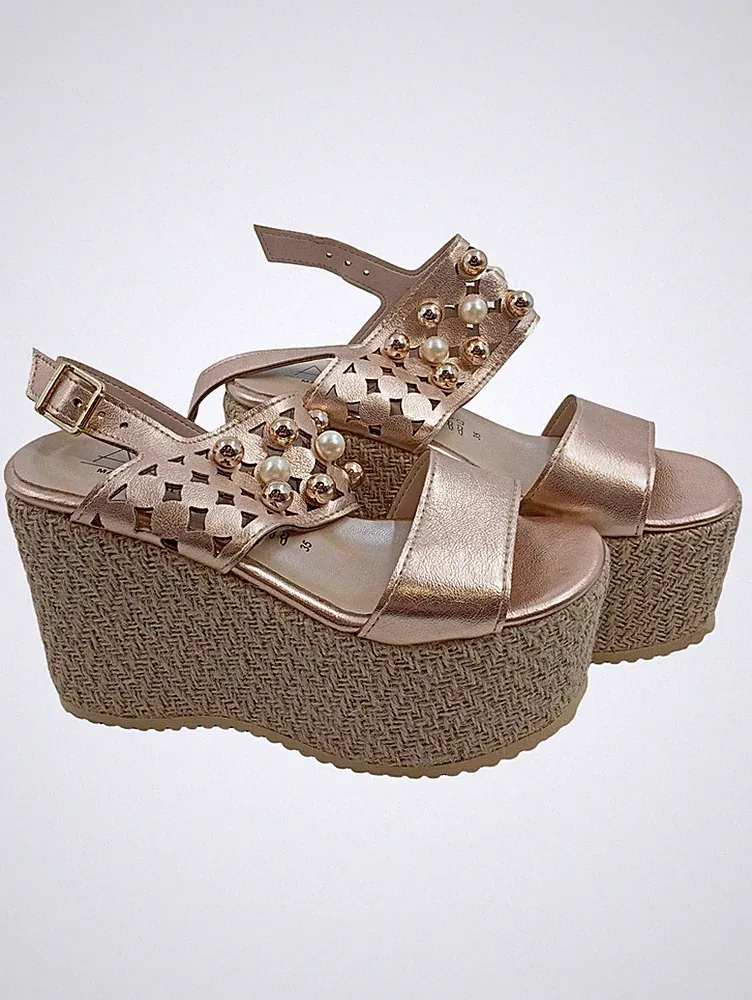 Alesya Damen Plateausandalen Rosa Gr. 35 Metallic Perlen Keilabsatz