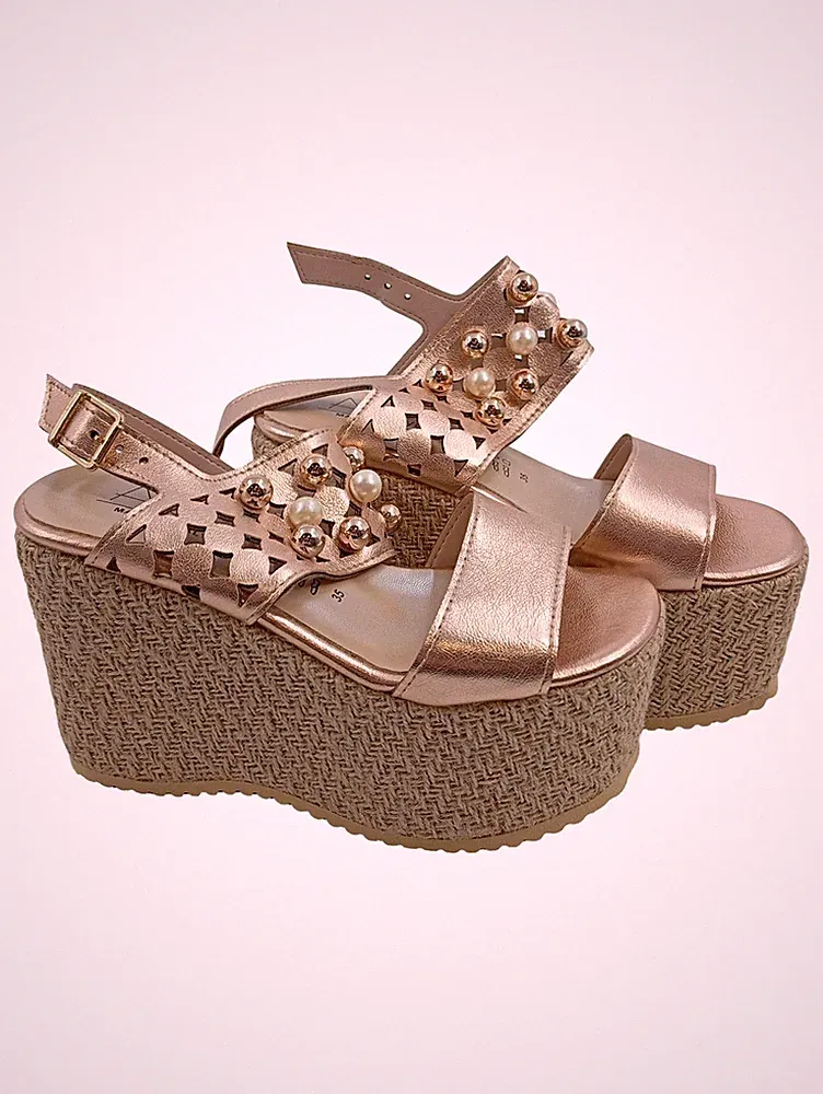 Alesya Damen Plateausandalen Rosa Gr. 35 Metallic Perlen Keilabsatz
