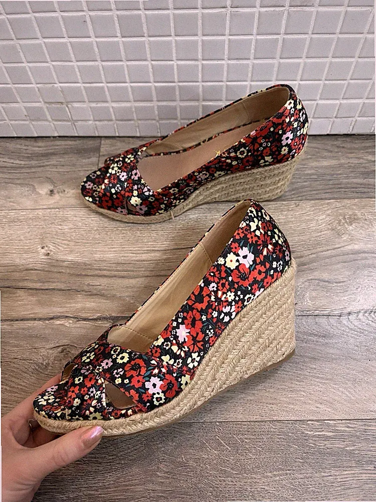 Allegra K Keilabsatz Pumps Peep Toe Blumenmuster Gr. 40,5 (US 9)