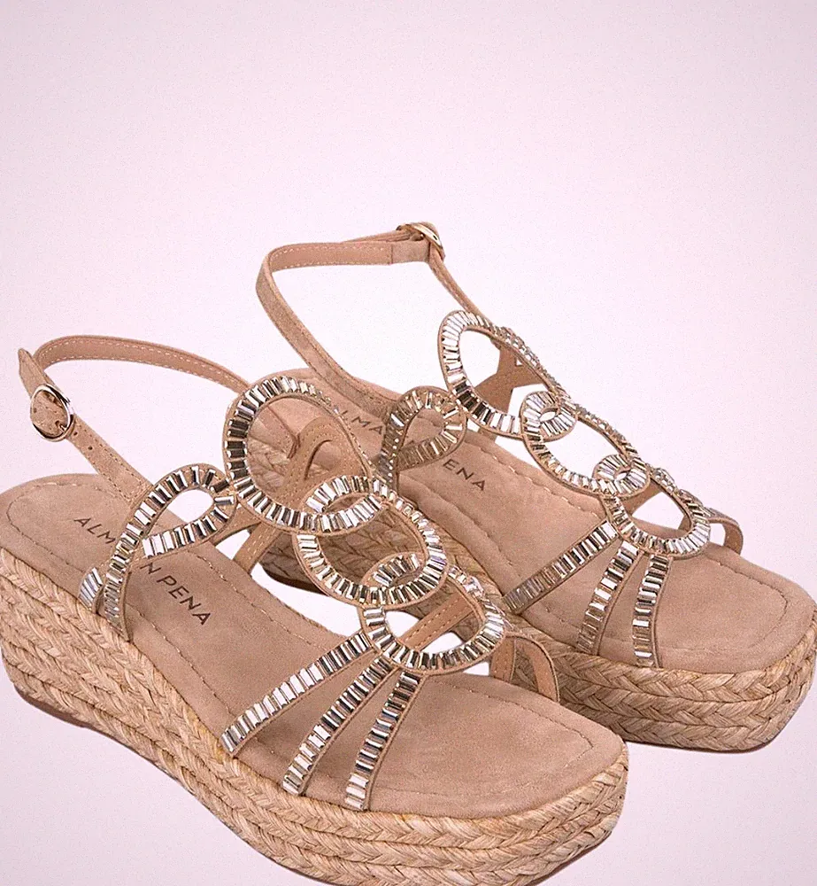 ALMA EN PENA DAMEN SANDALE MIT MITTELKEILABSATZ WILDLEDER NERZ KREISE STRASS V2551454