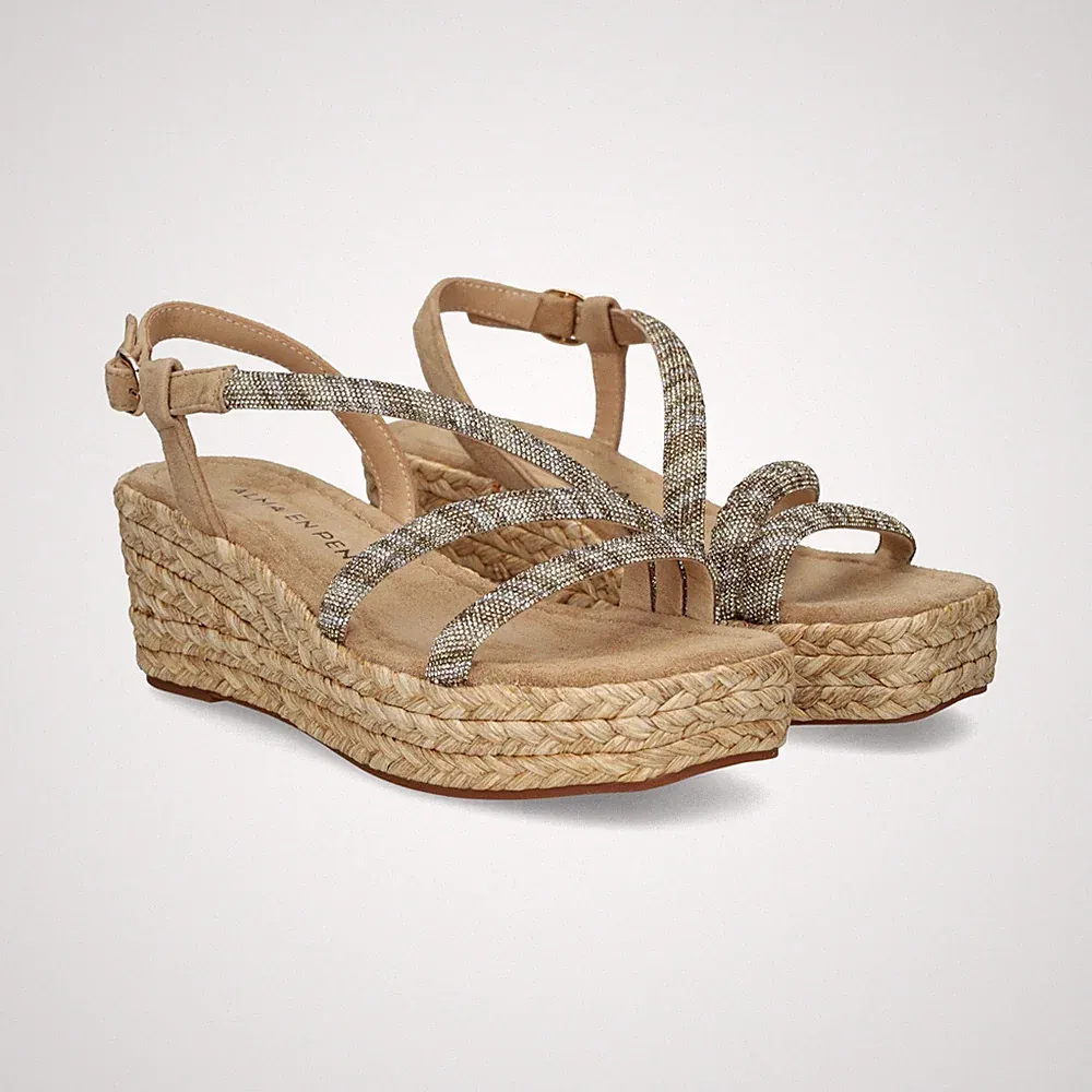 ALMA EN PENA DAMEN SANDALE MIT MITTELKEILABSATZ WILDLEDER SAND STRASS ZWEIFARBIG V2551455