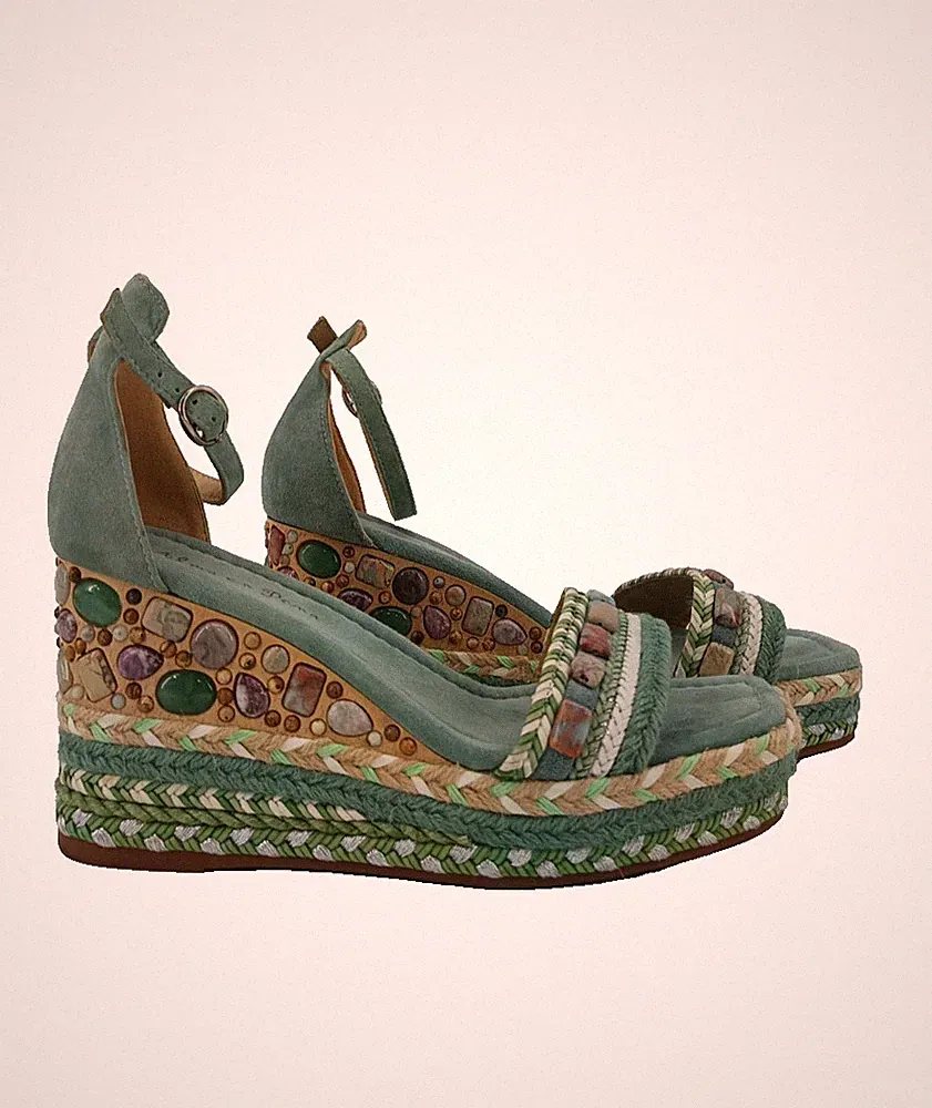 Alma En Pena Damen Sandalen Gr.39 Türkis Grün Braun Steinchen Keilabsatz Karree