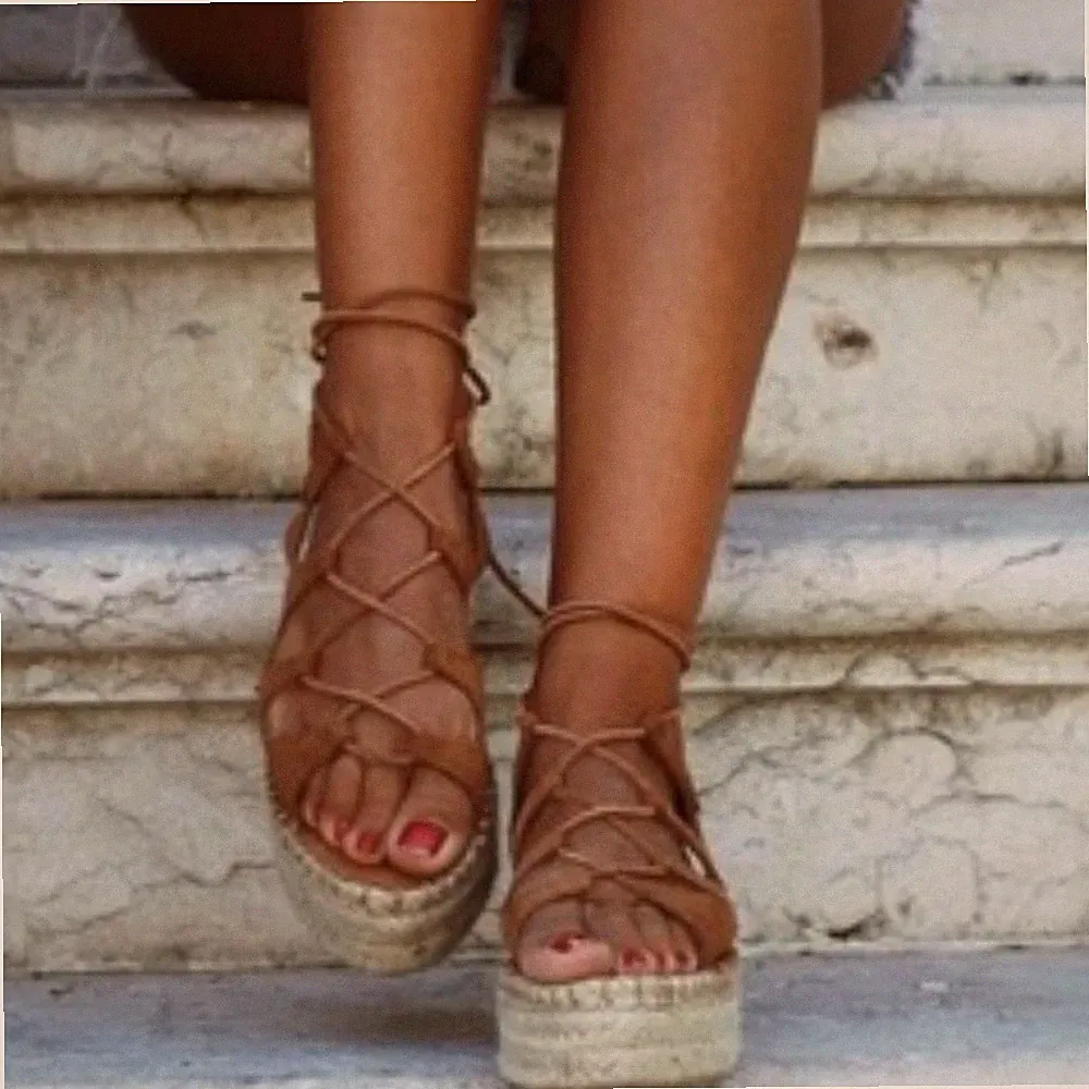 ALOHAS Boho Gladiator Suede Kaki Green Ankle Lace Rafia Flatform Sandals sz 35