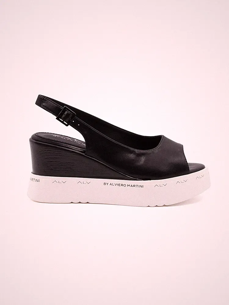 ALV by Alviero Martini Sandalen Schwarz Polyester Keilabsatz Plateau Peep-Toe Black B