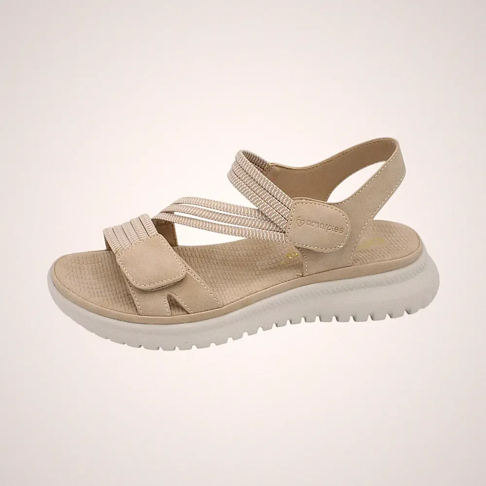Amarpies Damen Sandalen bequeme Linie mit Rissen Keilabsatz Stretchbänder beige