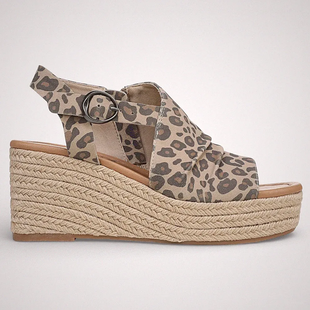 Amira – beige bedruckte Damen-Sandalen mit Keilabsatz und Fersenabsatz