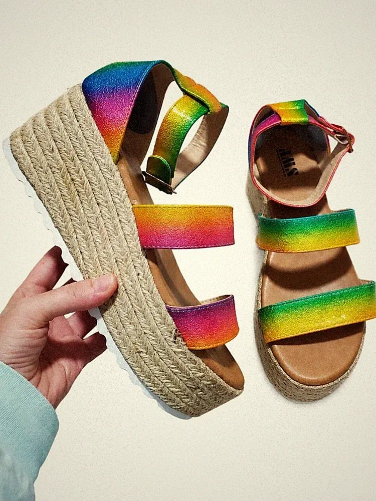 AMS Rainbow Espadrille Wedge Sandals Multi-Color Sparkle Sz 8.5 Platform Pride