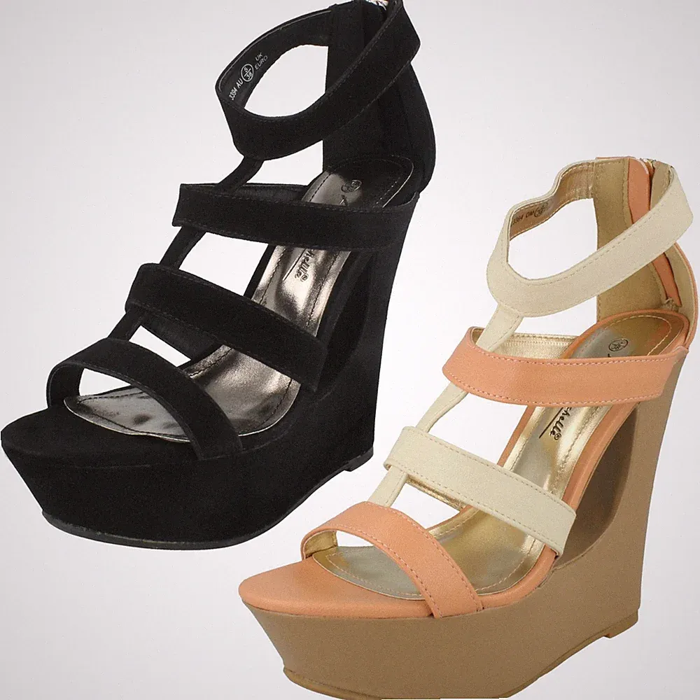 Anne Michelle Damen Sandalen Mit Cut-Out Keilabsatz T-Bar Peep Toe Schwarz Natur