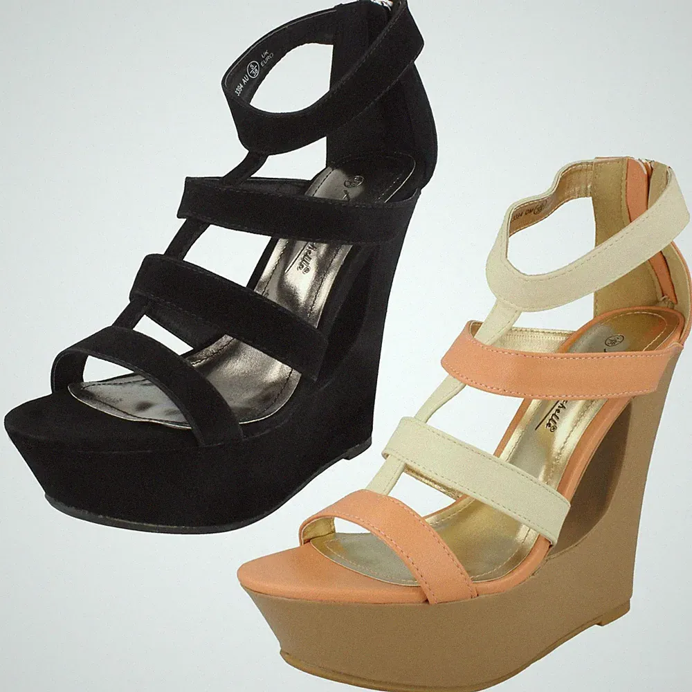 Anne Michelle Damen Sandalen Mit Cut-Out Keilabsatz T-Bar Peep Toe Schwarz Natur