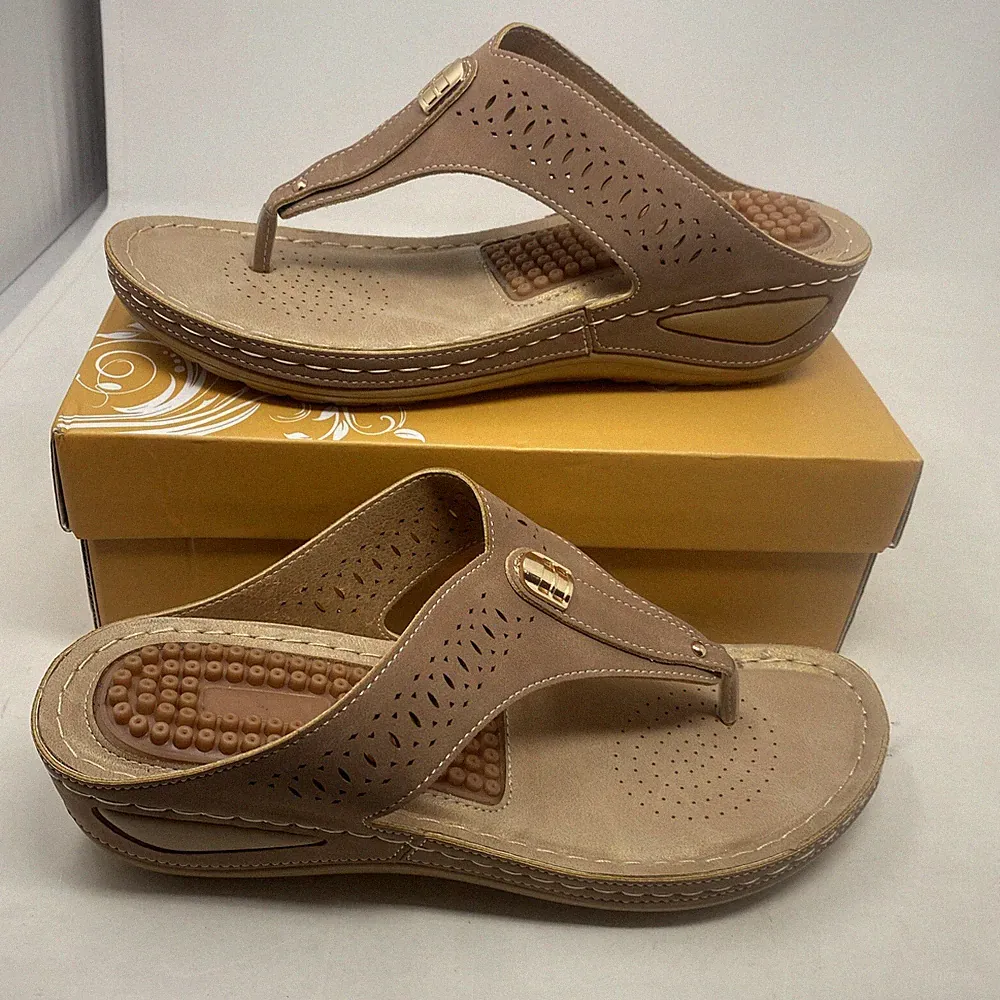 Ao Fei Sandalen Damen Flip Flop Gr. 7 (41) Beige Schwamm Bequem Schuhe Neu