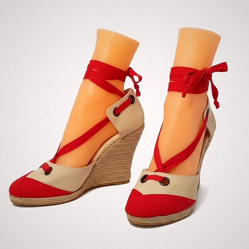 Apart Sandaletten 39 Keilabsatz 12 cm Rot Beige Leder Neu Sommer Espadrilles