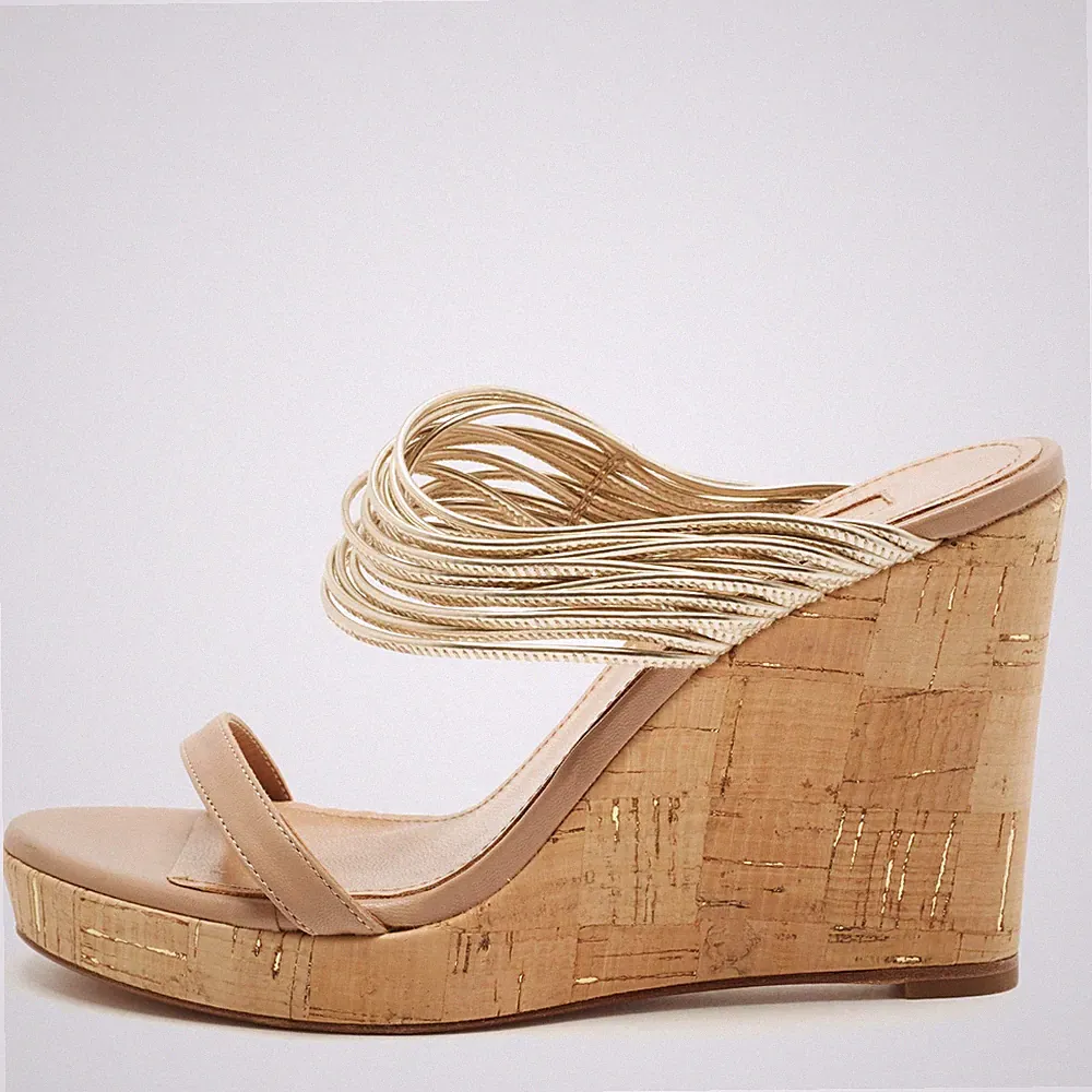 Aquazzura Rendez Vous Größe 37,5 Gold Beige Leder Keilabsatz Sandalen