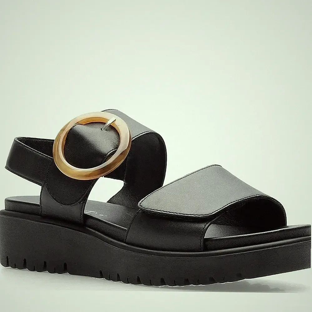 Ara Bilbao Damen Schwarze Keilabsatz Ledersandalen Peeptoe Freizeit 1233505-01