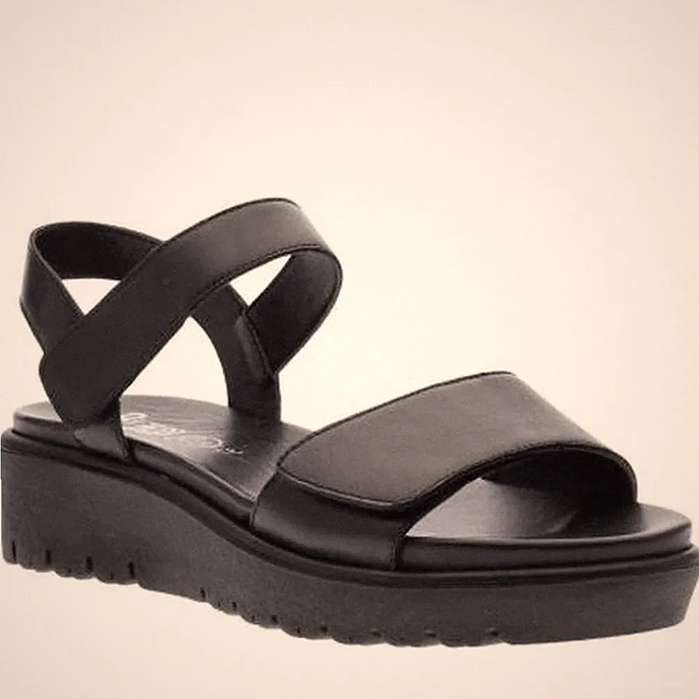 Ara Bilbao Damen Schwarze Keilabsatz Ledersandalen Peeptoe Freizeit 1233518-01