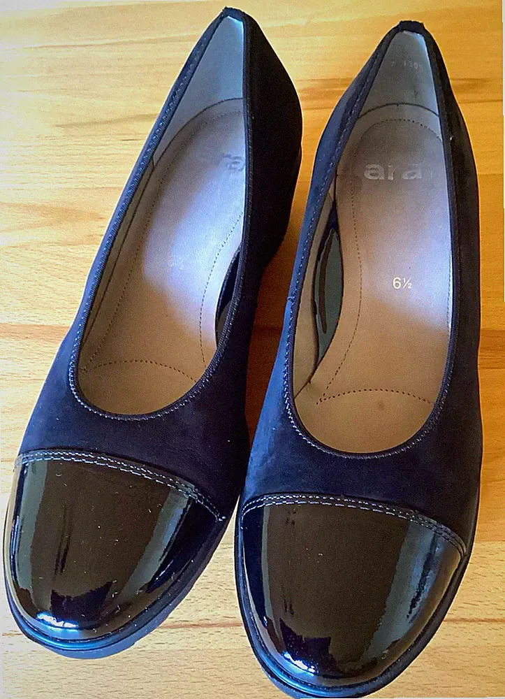 ara Damen Halbschuhe Slip-On EU 39,5 Schwarz Wildleder/Lack, Keilabsatz