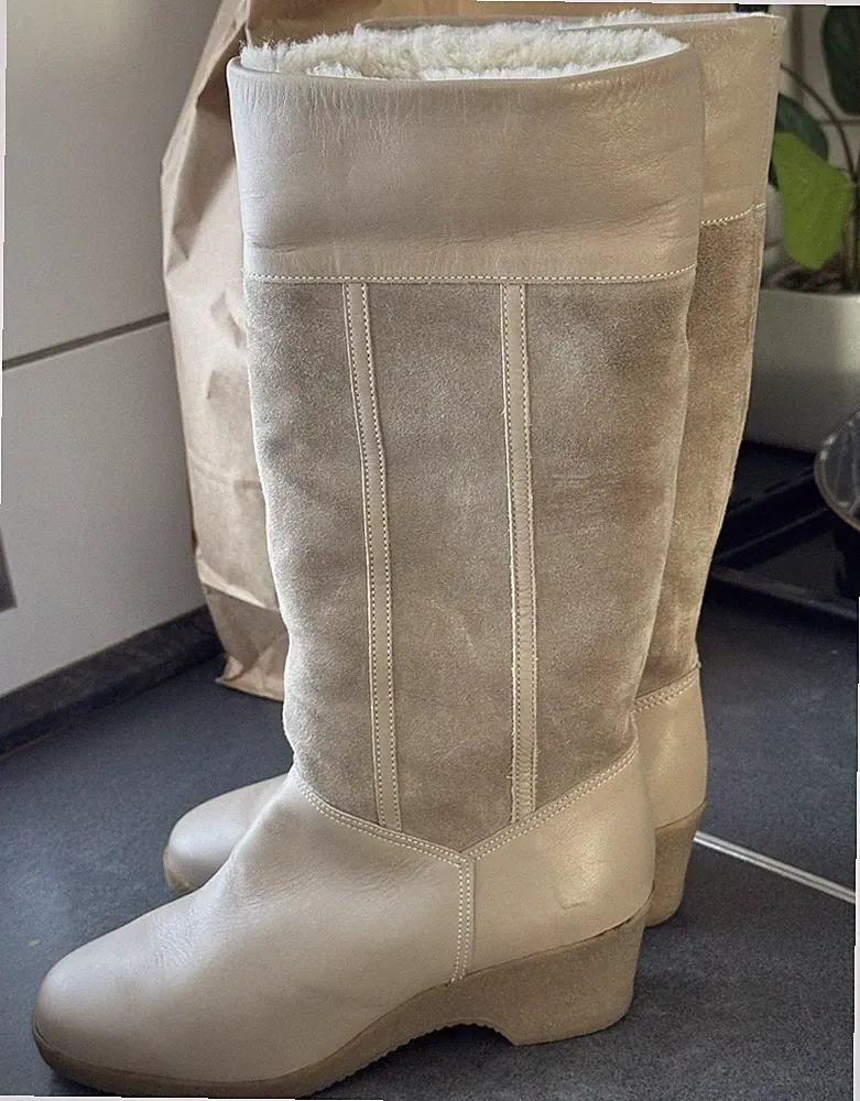 ara Damen Lederstiefel EU 37 Beige Lammfell gefüttert Keilabsatz wadenlang
