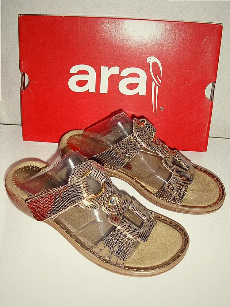 Ara Damen Sandalen Korsika 20mm PU-Kleilsohle EUR 38 G echt Leder Lezard Gold