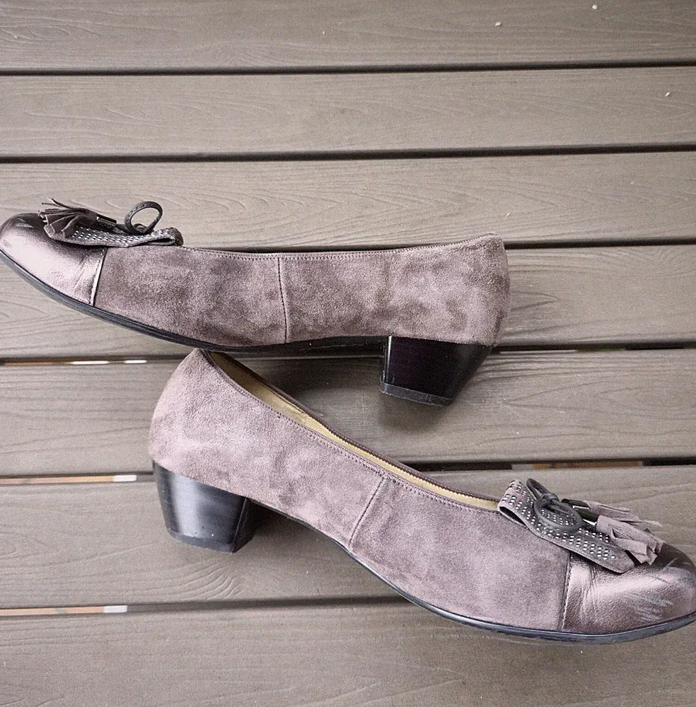 ara Damen Schuhe Leder Pumps grau Gr. 6 H (39) Absatz 4 cm Luftpolster, Fransen