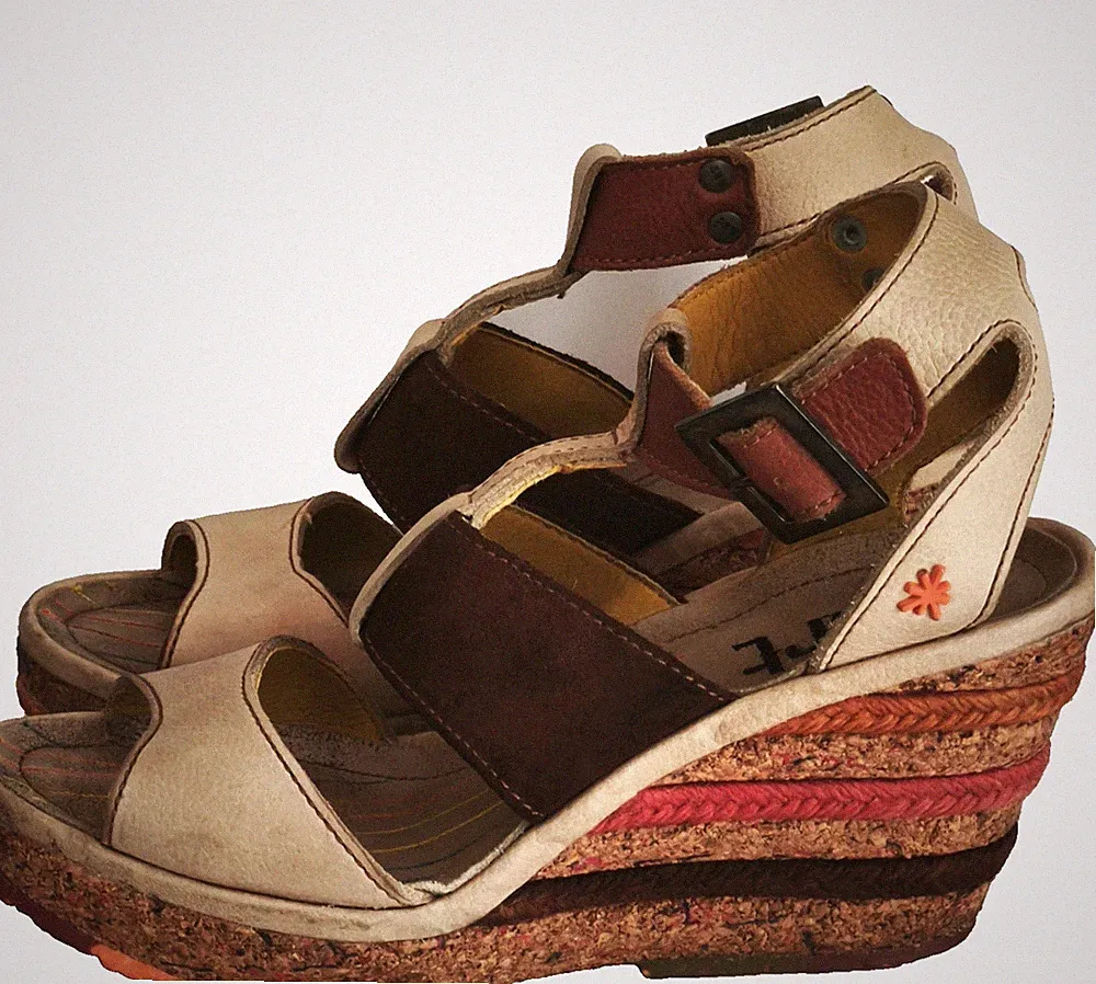 ART Damen Sandalen Gr 38 Leder Keilabsatz Wedges Kork Boho Mehrfarbig