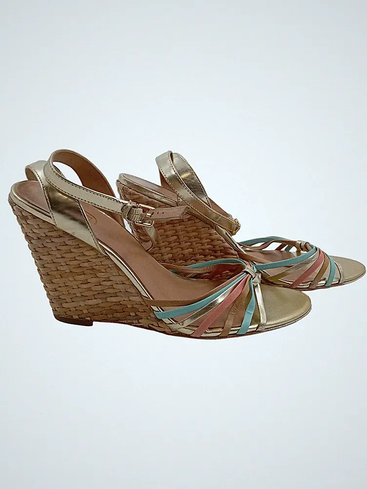 ASH Wedges Sandaletten Damen Gr. 39 Gold Türkis Rosa Keilabsatz Leder