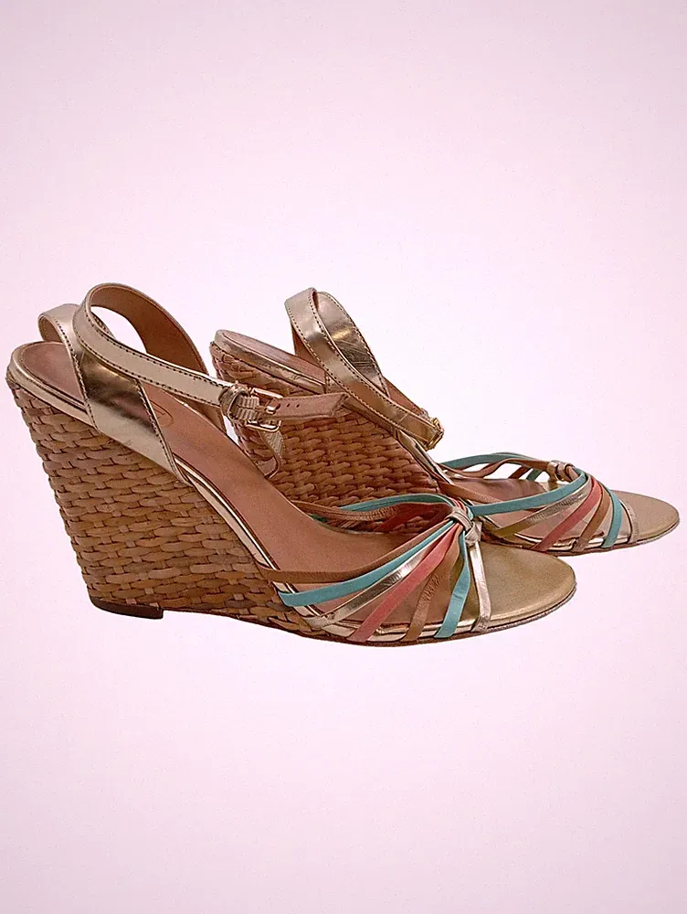 ASH Wedges Sandaletten Damen Gr. 39 Gold Türkis Rosa Keilabsatz Leder