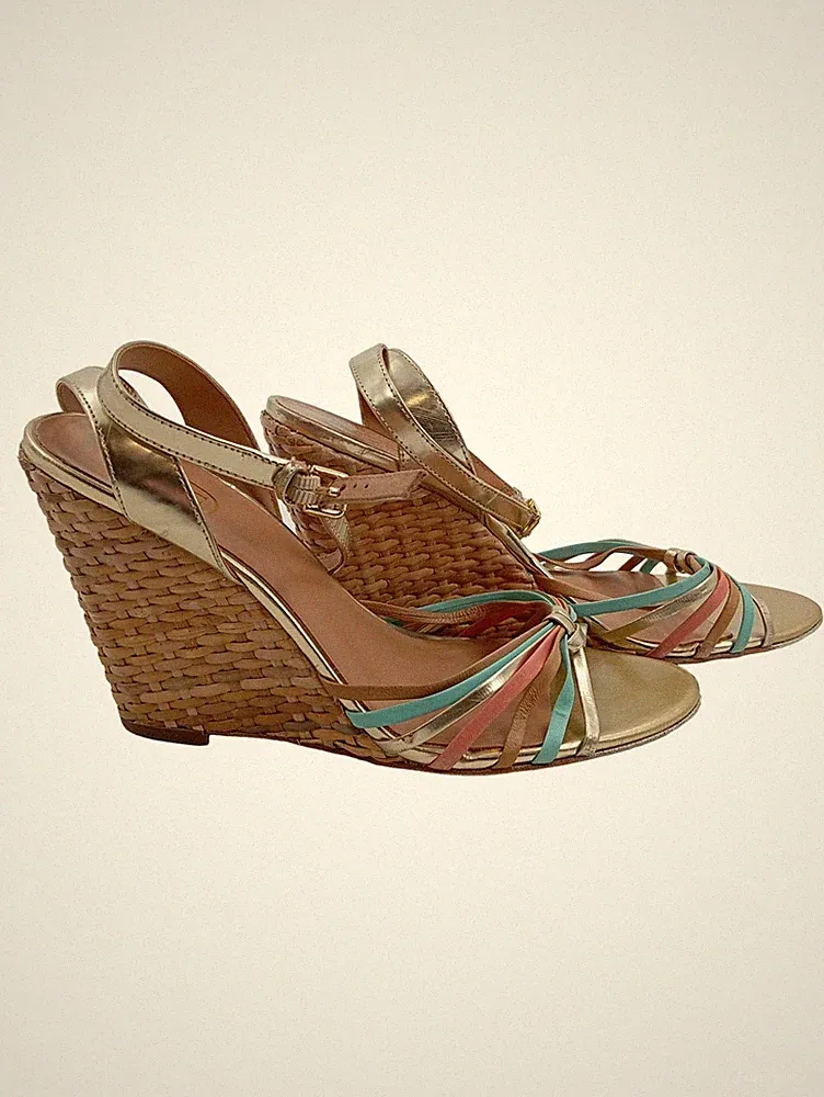 ASH Wedges Sandaletten Damen Gr. 39 Gold Türkis Rosa Keilabsatz Leder