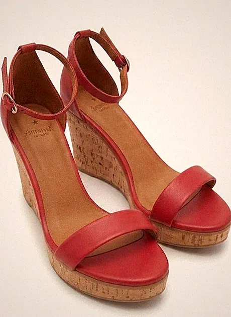 Autentika Fana Red Leather Cork Wedge Sandals Plateau Femme Cuir Damen Leder