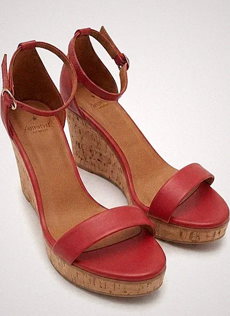 Autentika Fana Red Leather Cork Wedge Sandals Platform Femme Cuir Damen Leder