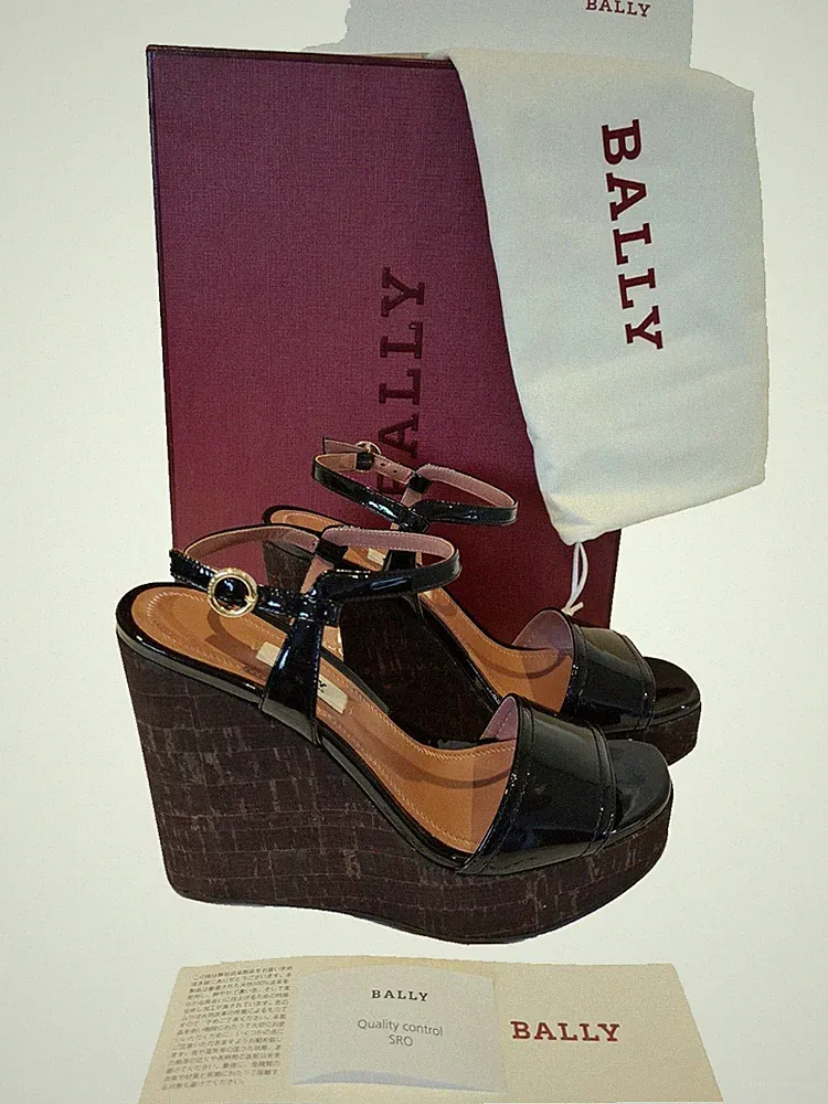 Bally Clivya Plateau Keilabsatz Sandalen Riemchen Schwarz Leder Größe EU 36,5 UK3,5