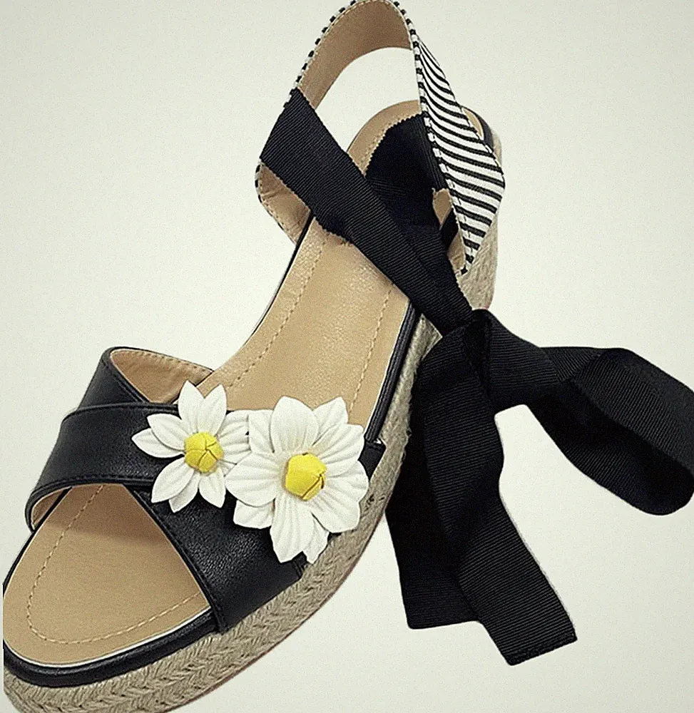 Banned »LADY DAISY« FLOWER Stripes Riemchen Sandalen WEDGES - Schwarz Rockabilly