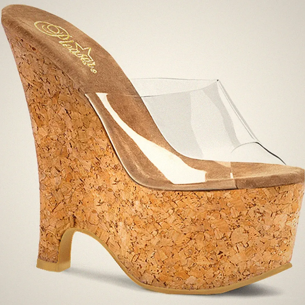 BEAU-601 Pleaser Damen Plateau Pantoletten klar braun kork Riemchen Keilabsatz