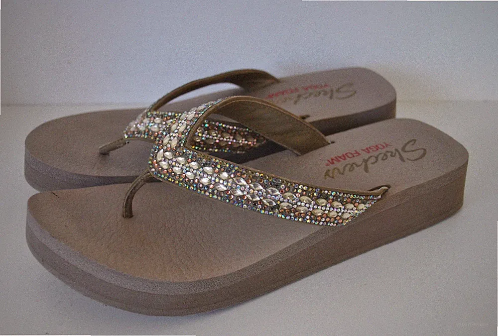 Beige Glitzer Edelsteine Riemchen Damen Flip Flops Sandalen Gr. 8 (EU 41) Skechers