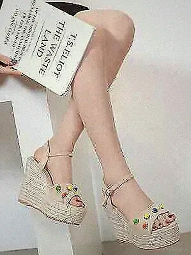 Beige Sandalen/Sabot aus Kunstleder mit Seilschnur Keilabsatz 12 cm, Damen, 8009