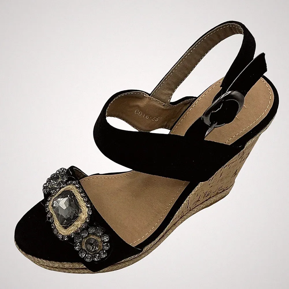 Bellucci Damen-Sandalen Slingback UK 3 schwarz Wildlederimitat Keilabsatz Plateau Diamanten