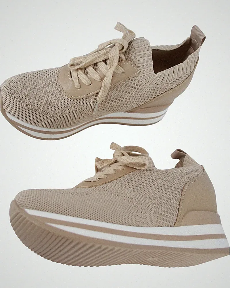 BEQUEME BEIGE SNEAKERS 5 cm KEILABSATZSTIEFEL STRETCH-SNEAKERS