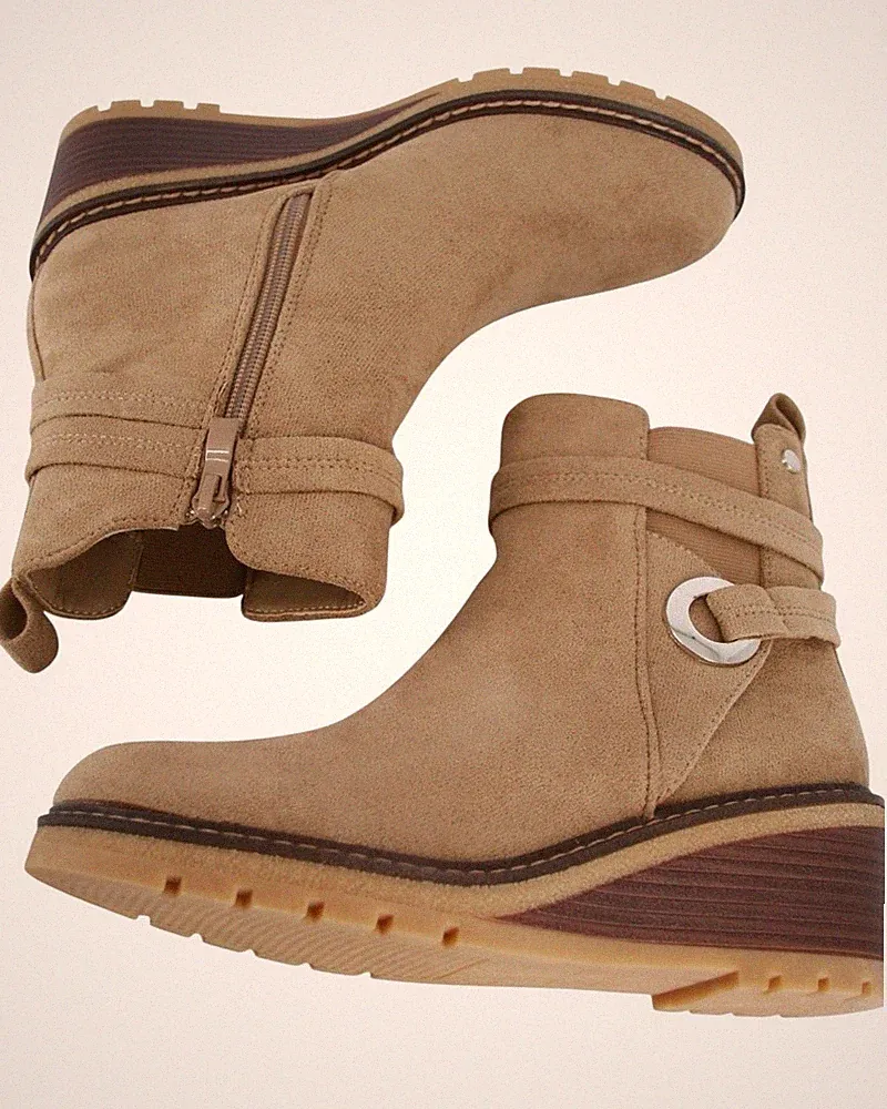 Bequeme Damen-Ankle-Boots mit Keilabsatz, 6 cm, aus Wildleder, Khaki-Beige