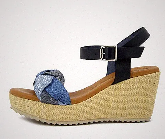 Bequeme Damen Sandalen aus Leder und Raffia blau mittlerer Keilabsatz und Plateau RAQUEL PEREZ