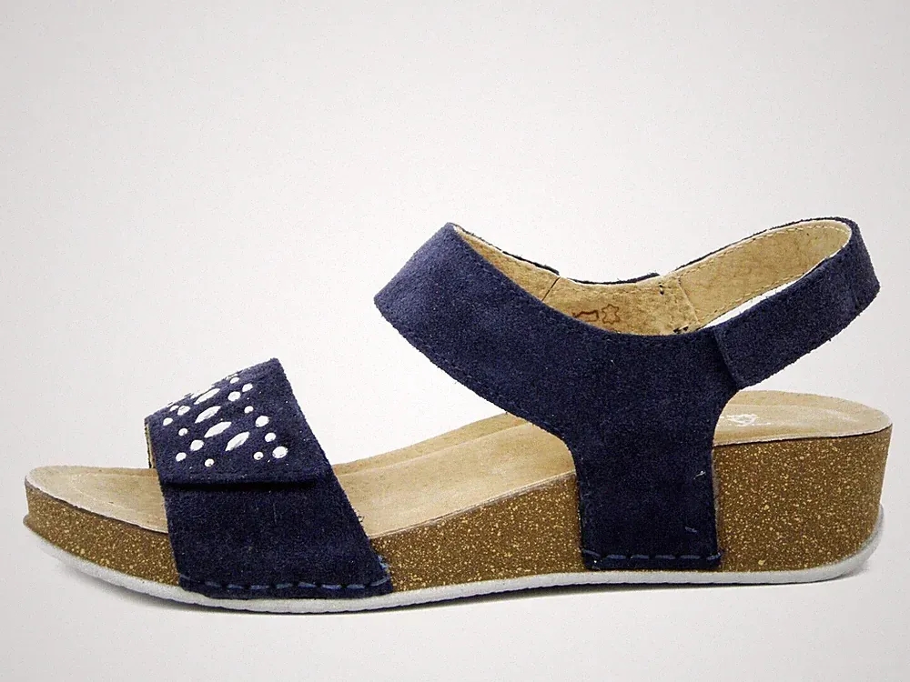 Bequeme Damen Sandalen Wildleder blau mit Riemen niedriger Keilabsatz ATEMA